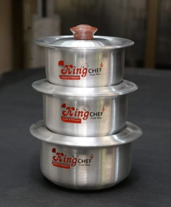 Pot Set Aluminium With Metal Finish 3 Pieces Baby Degchi Set Bowl pot with Lid Cover Stock Donga 3 Piece Set with Lids Kitchenware Pot Silver Steel