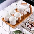 Techmanistan 6 Pieces Marble Pattern Household Tea Cups Set With Teapot & Wooden Tray, Ceramic Tea Cups Sets with Wooden Trays, Tea Cup and Saucer Set, Ceramic Tea Set with Wooden Handle. 