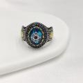 2022Accessories Blue Gem Micro-Inlaid Zircon Ring Men's Retro Pattern Two-Color Open Ring. 