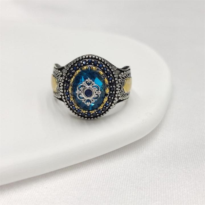 2022Accessories Blue Gem Micro-Inlaid Zircon Ring Men's Retro Pattern Two-Color Open Ring