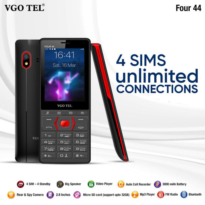 VGOTEL Four 44 - 2.8  Inch - 3000mAh Battery - Four Sim Four StandBy - Bluetooth - Wireless FM Radio - AnyColor