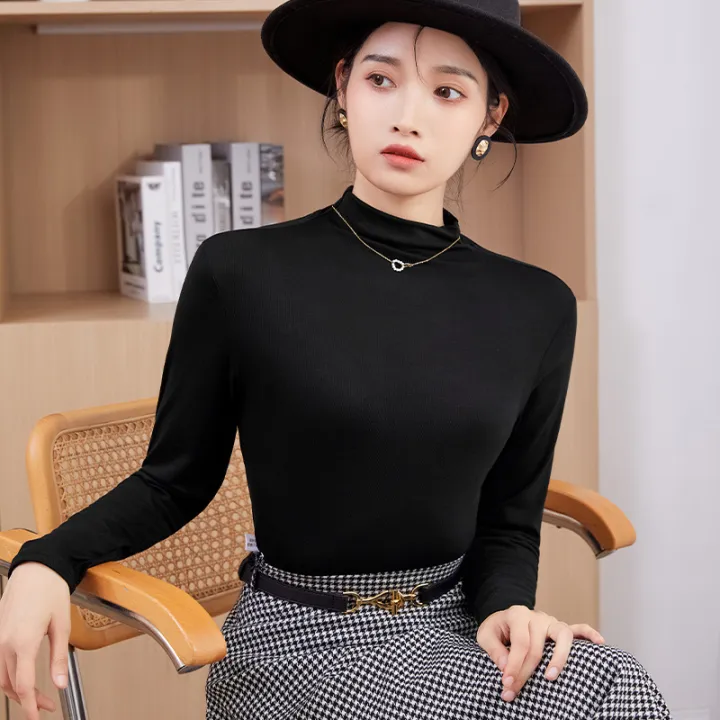Modal%20bottoming%20shirt%20Long-SleeveTT-shirt%20Women's%20Autumn%20and%20Winter%20New%20Half%20Turtleneck%20Large%20Size%20Slim%20Fit%20Inner%20Wear%20Solid%20Color%20Thin%20Top%20-%20Image%2010