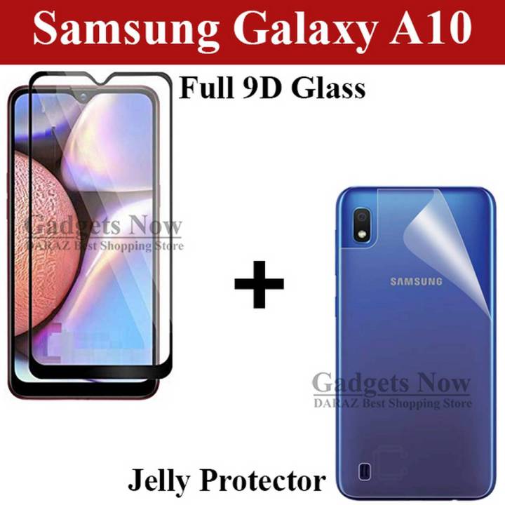 Samsung Galaxy A10 Full Black 9D|10D|11D|21D|6D|5D| Tempered Glass Edge to Edge Full Glue Screen Protector + Back Jelly Protector Clear Soft Film Protector Hydrogel Film Protector For Samsung Galaxy A10