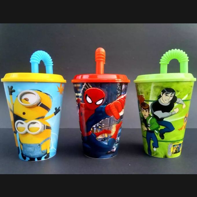 (Pack of 3) Air Tight Sippy Cups 350 ml/ Spiderman Sippy Cups/ Minions Straw Glass/ Ben Ten Straw Cup Water Glass Juice Cup With Straw For Kids Random Design