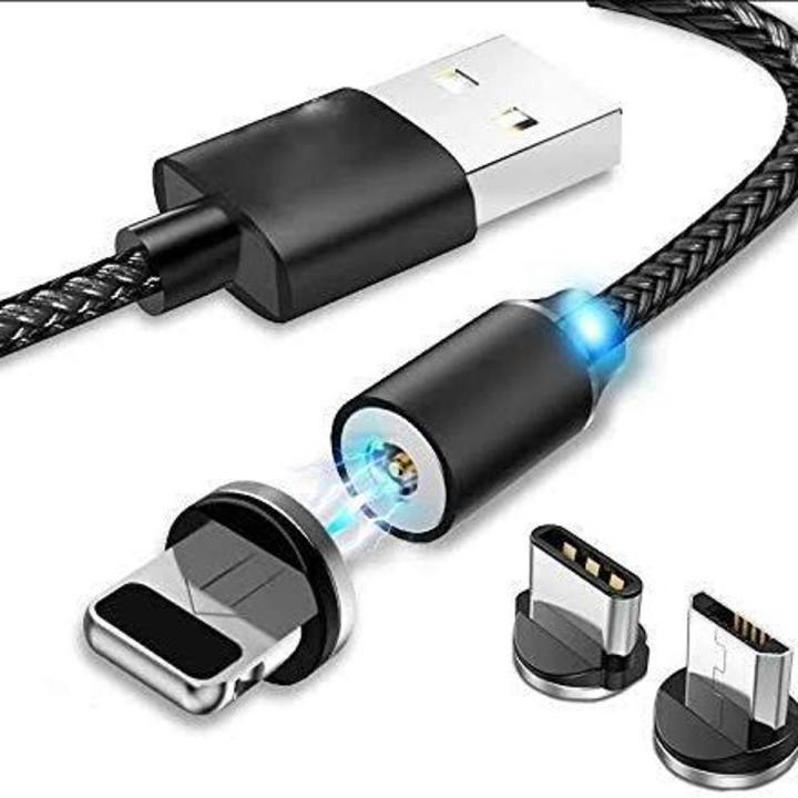 Magnetic Cable 3 in 1 Fast Charging Cable-Micro USB Charger-Iphone Charger - Type C Charger - Type C Connectore Pins Fast Charger For All Mobiles - Magnetic Charging Cable Micro USB Type C & iOS - 3A Fast Charging-360 Degree LED Indication-multi colours