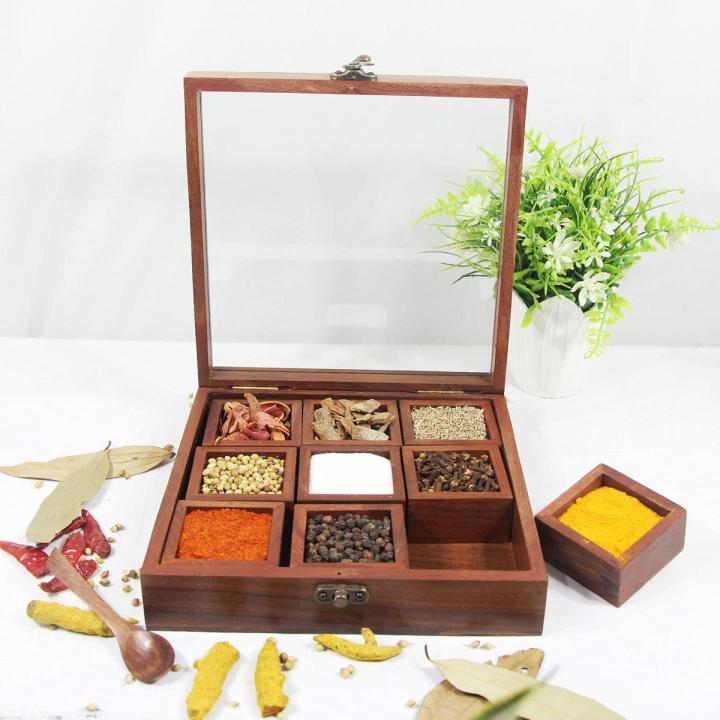 Wooden Spice Container Masala Box Rack with wooden spoon Dry Fruit Rack Storage Movable 9 solid wooden rack Spice Box  spice rack tray, Drawer Organizer for Kitchen Cabinets, Medicine storage, Medicine Daily Dose Rack Wooden Medicine Tablet
