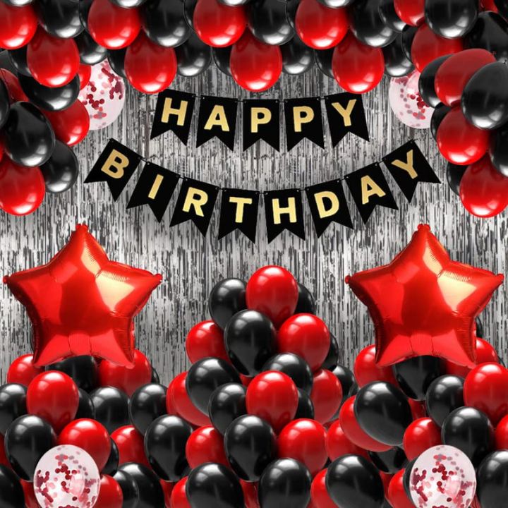 Happy Birthday Party Decoration Combo Set With Banner, Confetti Metallic Balloons, Foil Fringe Curtain | Black & Silver Pack of 33 Pcs