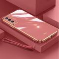 For Vivo Y20 2021 Back Cover + Wrist Strap Luxury Shiny Plating Square Shockproof Bumper Camera Lens Protection Soft TPU Silicone Phone Case. 