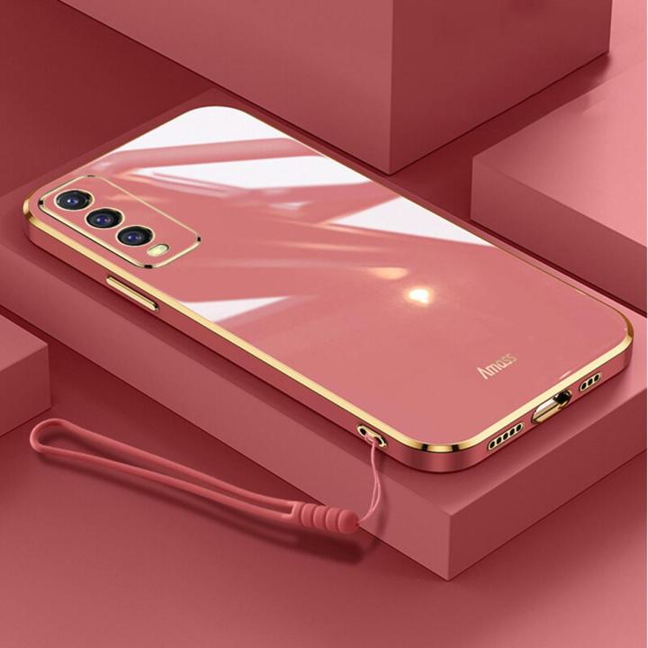For Vivo Y20 2021 Back Cover + Wrist Strap Luxury Shiny Plating Square Shockproof Bumper Camera Lens Protection Soft TPU Silicone Phone Case