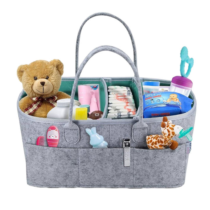 Baby Diaper Caddy Organizer, Foldable Felt Storage Bag with Multi Pockets and Flexible Compartments, Portable Car Travel Organizer for Changing Nappy, Wipes, Newborn Shower Gift