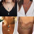 Vintage Necklace Multilayer Moon Stainless Steel Gold Pendant Bohemian Dubai Style Chain Jewelry Collar Necklace For Women. 