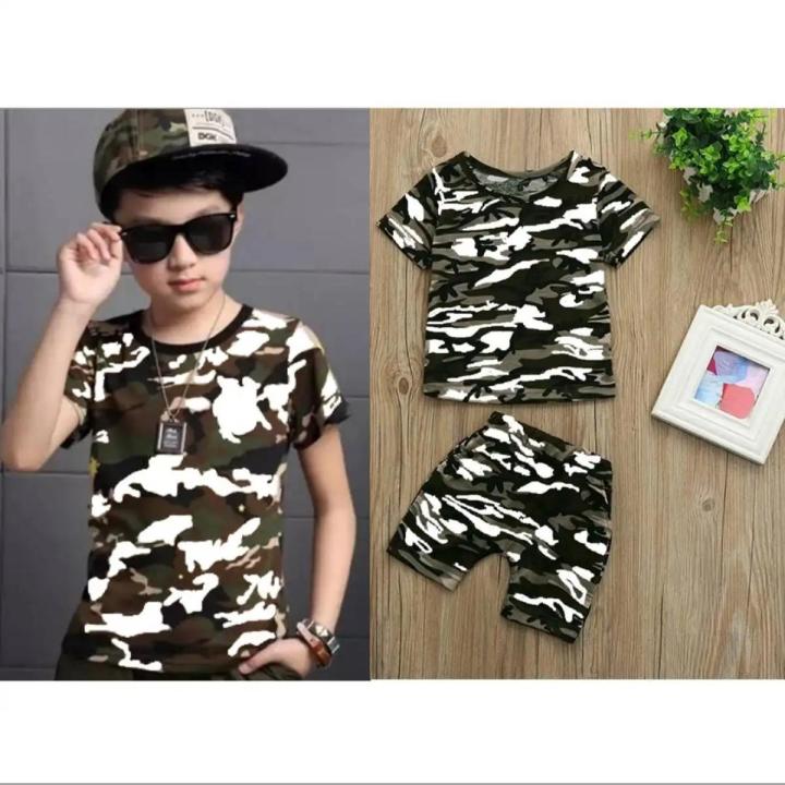 T Shirt And Shorts For Kids, Baby Boy Round Neck Short Sleeves Tee Tops Cloths Sets Dresses Outfit Commando And Camouflage Design