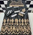 Shah Kamal Fabrics Unstitch Katan Silk 2 Piece Long Maxi Embroidery Shirt & Plain Trouser New Design Trendy Party Wear For Women-Black. 
