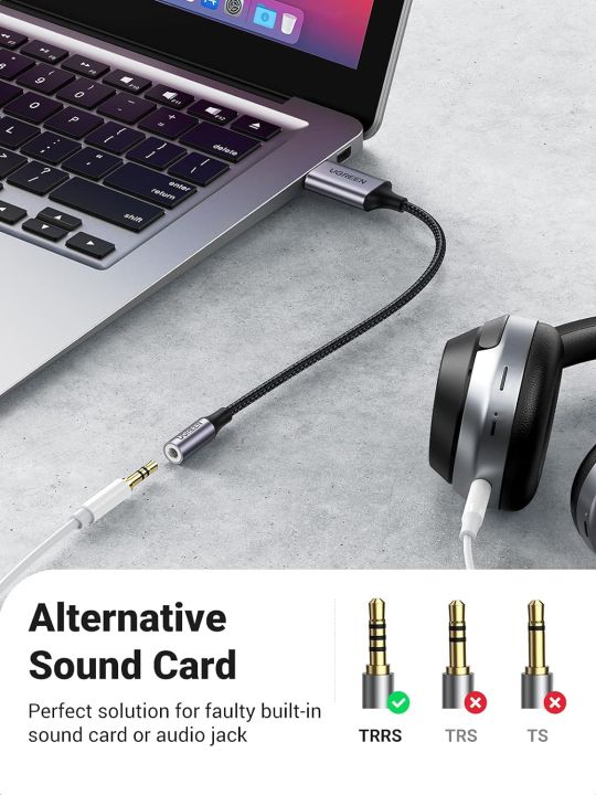 UGREEN%20USB%20to%203.5mm%20Jack%20Audio%20Adapter%20USB%20Sound%20Card%20Support%20Mic%20TRRS%20Headphone%20DAC%2024bit%2096kHz%20Nylon%20Braided%20USB%20to%20Aux%20Jack%20Compatible%20with%20Windows%20Mac%20Linux%20PC%20PS5%20PS4%20Switch%20Speaker,%209.8%20Inch%20-%20Image%207