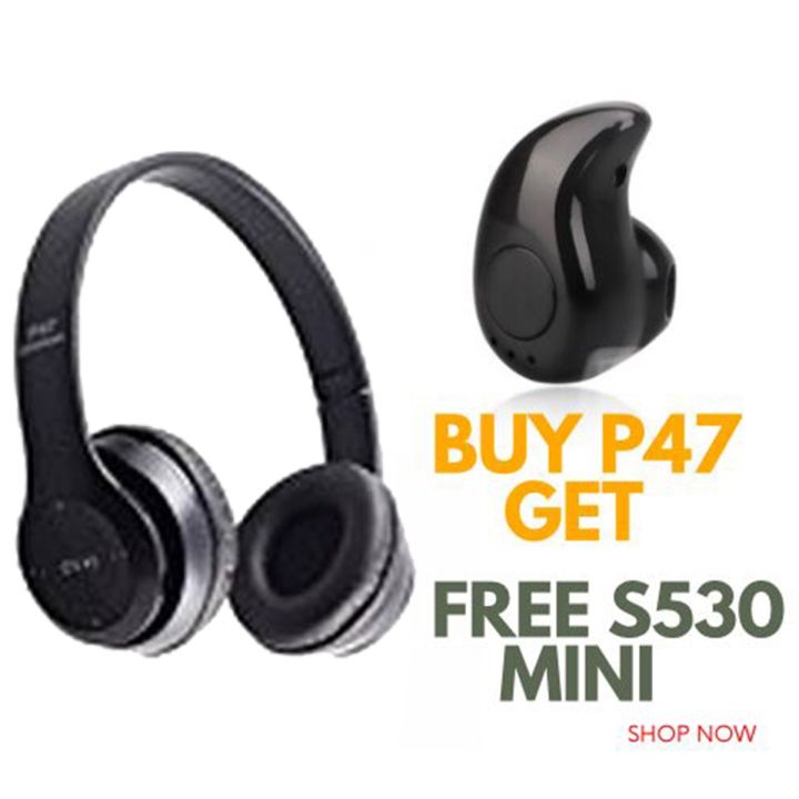 (Buy 1 Get 1 Free) P47 Wireless Headset Bluetooth Foldable Headphone + S530 Mini Wireless Stereo Bluetooth (Connect With All Bluetooth Devices).