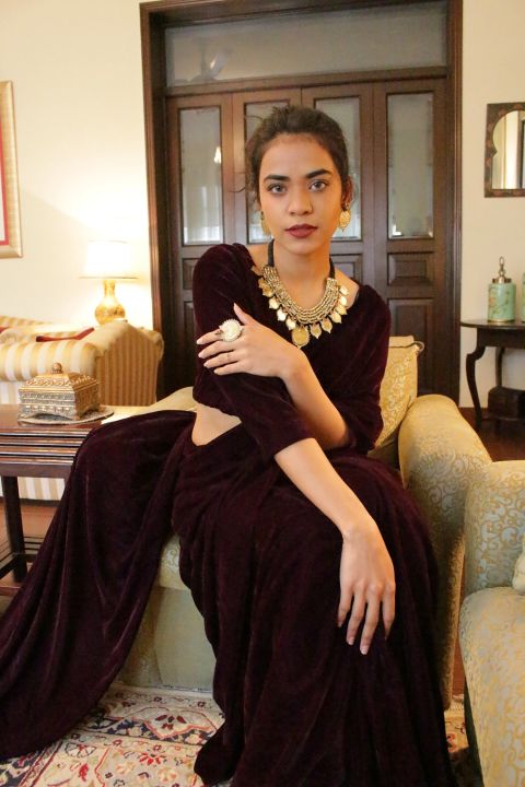 Stitched Velvet Saree With Blouse & Petticoat