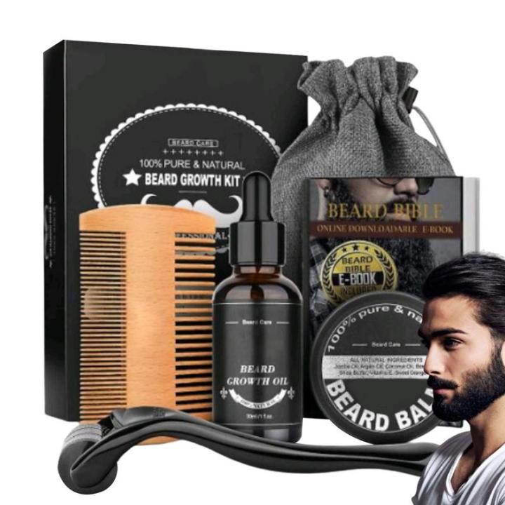 5pcs Men Beard Barba Grooming Beard Set Beard Growth oil Men Hair Enhancer Thicker Mustache Grooming Beard Care Oil comb bag