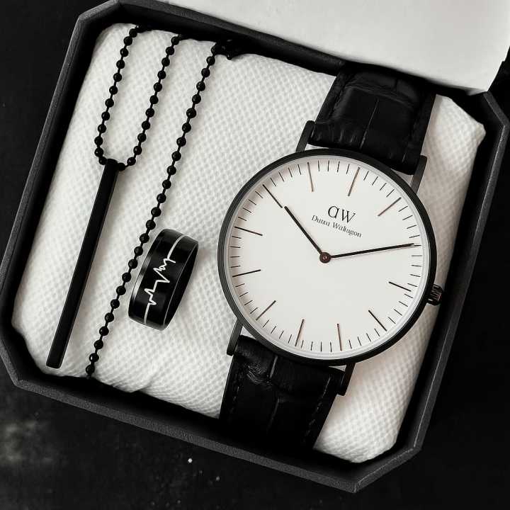 Pack Of 3 Top Fashion Men's Business Watch Deal -Elegant Mens Arabic Aura Watch Casual Watch +Heart Beat Ring+3D Bar Stick Locket-High Quality Business Watch In Random dial Design