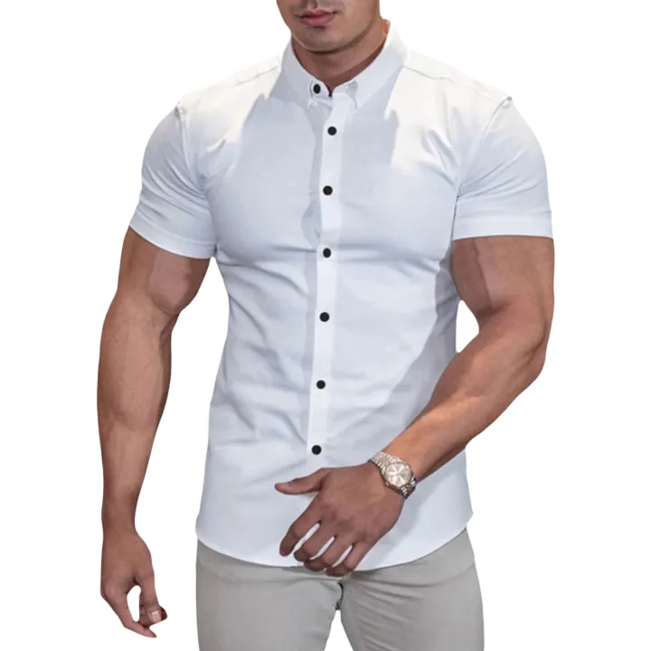 Canis Men Casual Shirt Solid Color Short Sleeve Lapel Neck Slim Fit Button Down Leisure Tops Daraz.pk