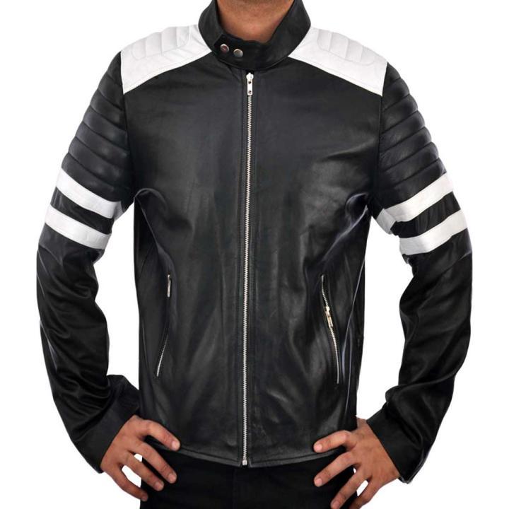 Men's Black With White Stripes Biker Fight Club Faux Leather Jacket