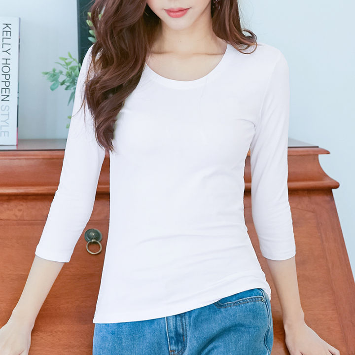3/4 Sleeve T Shirt 96% Cotton 4% Spandex Quality Women Spring Summer Top Slim Fit White Black O Neck Tees Casual Base Shirts