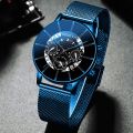 Geneva Watch Men's Fashion Business Calendar Watches Blue Stainless Steel Mesh Belt Analog Quartz Wristwatch Jam Tangan. 