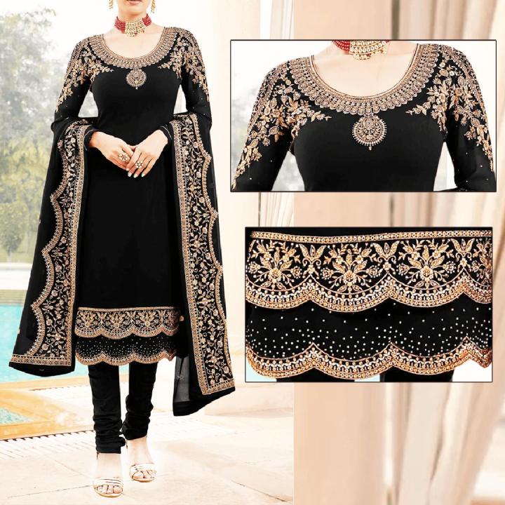 Ladies Chiffon Crinkle Embroidered Black Shalwar Kameez HS-197 (Unstitched)