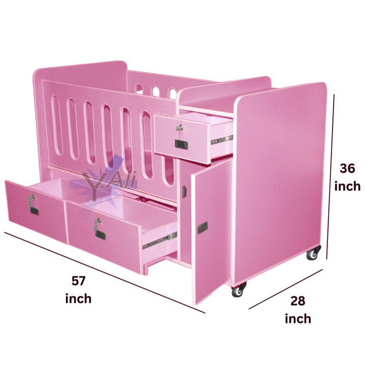 D4 Wooden Baby Cot With side cupbord and Drawer -Pink- Baby bed kids ...
