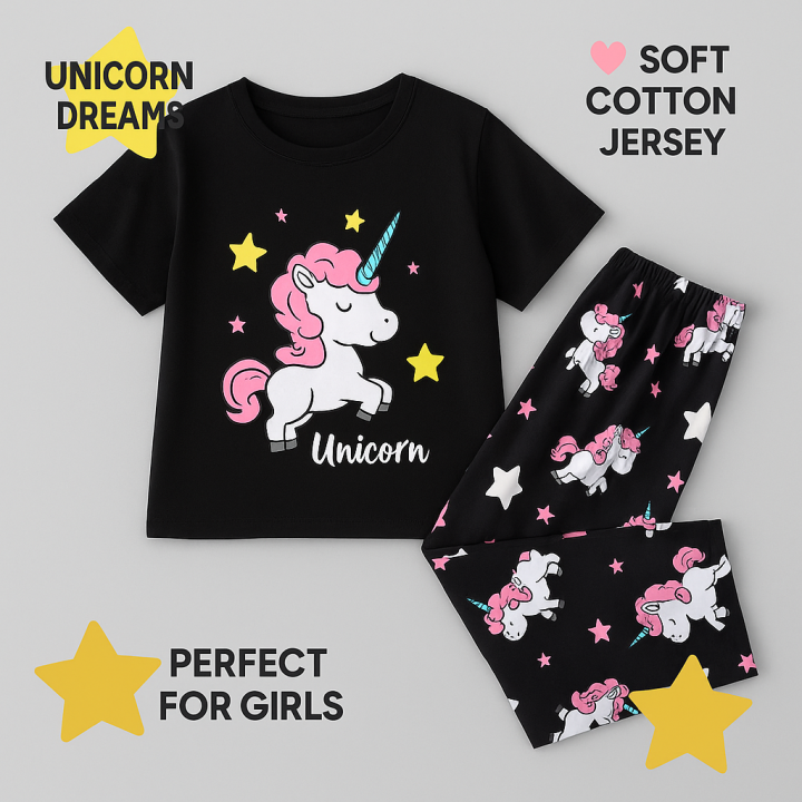 Girls Unicorn Print Nightwear Set – Soft Cotton Jersey Summer Pajama ...