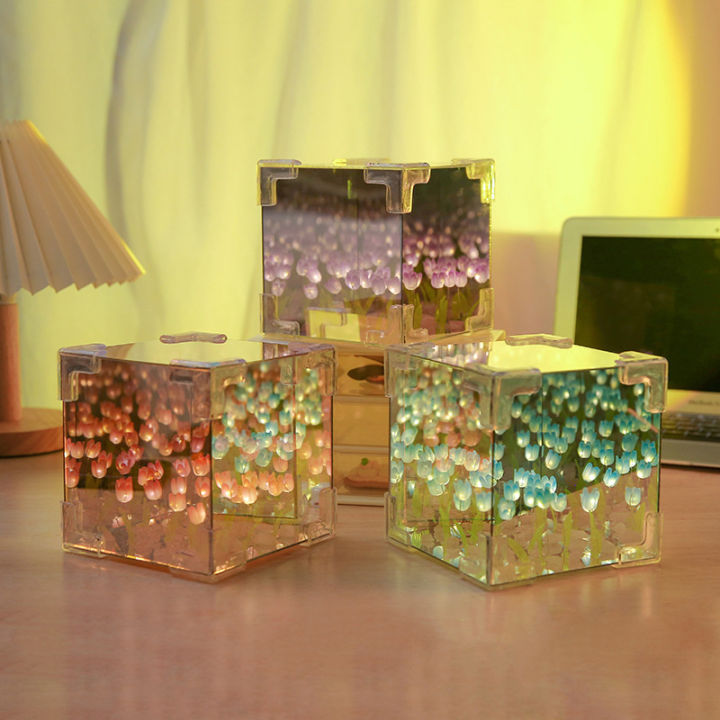 Creative Diy Tulip Flower Sea Home Decor Cube Three-Dimensional Small Night Lamp Material Package For Girlfriend Couple Luyo