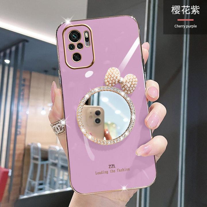 Maitus for Xiaomi Redmi Note 10 4G / Redmi Note 10S Back Cover Luxury 6D Plating Square Bumper Shiny Bowknot Makeup Mirror Soft Silicone Girls Cases Full Protection Mobile Phone Case