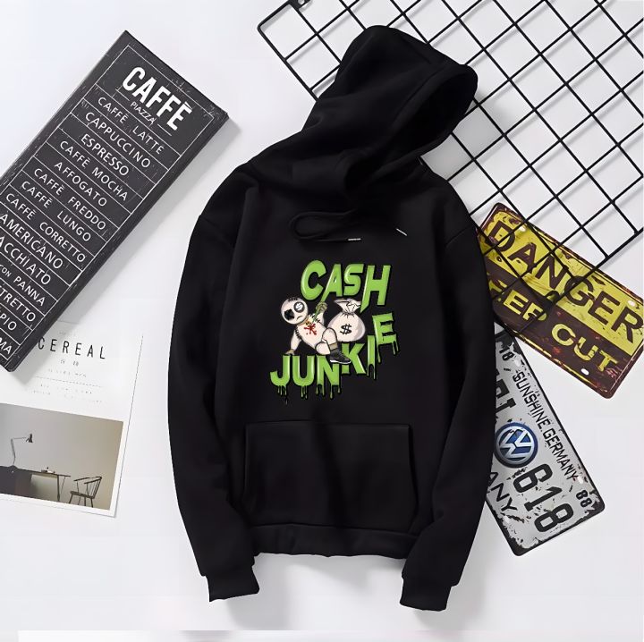 Trendy CASH JUNKIE TAGLINE Print Hoodie in  Full sleeves  Pocket Drawstring Casual Pullover Hodie Clothing Long Sleeves Export Quality Huddie Winter Wear breathable Smart Fit Hoody For  GIRLS/WOMEN