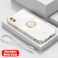 For iPhone Xs Max Back Cover with Ring Holder Stand + Wrist Strap Shiny Plating Square Bumper Protective Case Soft Silicone Shockproof Mobile Phone Cases. 