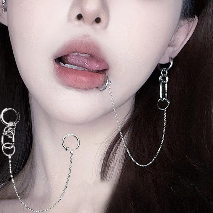 Cool Fake Piercing Lip Clip Earring Punk Chain Linked Earrings Hinged Lip Ring STARLITE