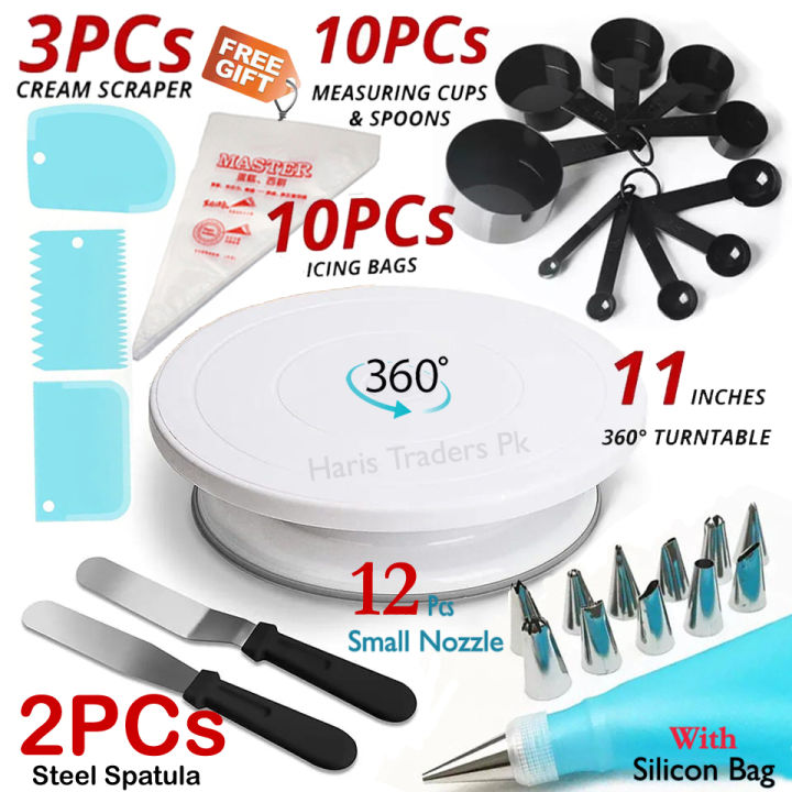 11 inch Rotating Cake Turntable & 12Pcs Cake Decorating Small Nozzles Set & 3PCS Set Cream Scrapers & 2PCS Set Steel Spatula & 10PCs icing piping bags & 10PCs Measuring Spoon cups, Decorating Turn Table for Cake, Baking Deal and Baking Accessories