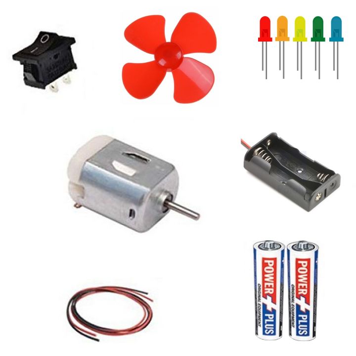 Basic Electronic/Science Project kit with DC motor, fan, AA Battery LEDs