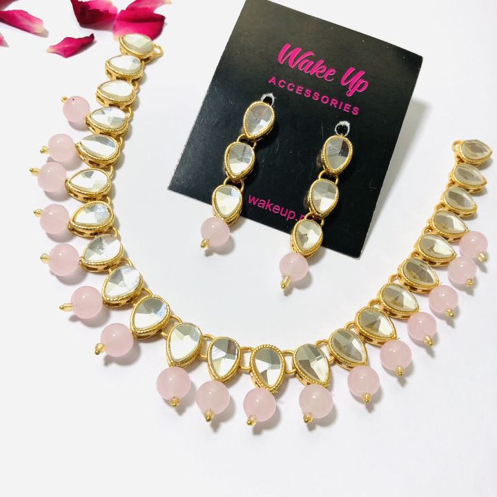 Pink Color Kundan Jewelry Set For Girls