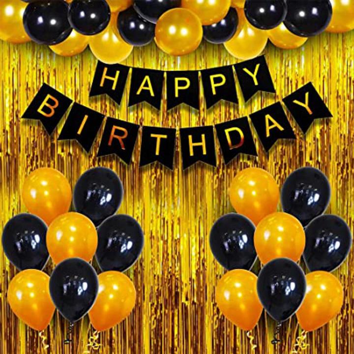 49-Piece Black & Gold Birthday Party Decorations Set - Balloons, Gold Fringe Curtain, Happy Birthday Banner - View #2