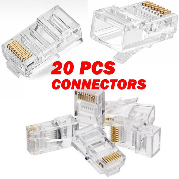 20X RJ45 Ethernet Cable Network Connector - Crystal Heads Gold Pins Module Cat5 Cat5e CAT6 Plug – 8 pins Ethernet Cable Plug heads – 20 pieces Modular Plugs