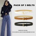 Pack of 3 (Black, Brown, White) Belts Elegant Siimple Stylish PU Leather Buckle Belt For Girls Ladies Women For Jeans & Frock Metal Buckle. 