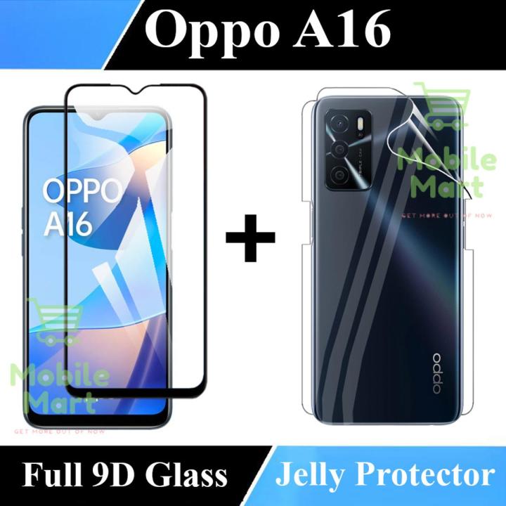 Oppo A16 Glass Protector 9D|5D|6D|10D|11D|21D Black Tempered Glass Screen Protector Full Glue Edge To Edge + Back Clear Jelly Protector Soft Film Protection Hydrogel Film Back Protector For Oppo A16