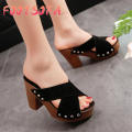 【FOOT SOFA】Summer Women Sandals Square High Heel Platform Flock Casual Rivet Pumps Peep Toe Female Elegant Ladies Shoes. 
