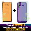Tecno Camon 15 Ceramic Matte Protector for PUBG Gaming Unbreakable Antishock Hybrid film 9D/11D/21D Temper Fiber Nano Sheet Glass + Back Protector Carbon Fiber Matte Soft Skin Sheet For Tecno Camon 15. 