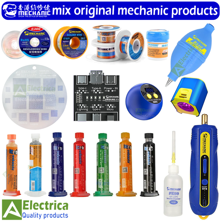 Mix Original MECHANIC Products 10ml UV Curing Solder Mask UV Light DT3 Cable Tester Glue Remover Soldering Wire Soldering Paste Solder Wick MC-UFO Universal Stencil and heat insulation silicone mat For Mobile Repairing Multicolor by Electrica