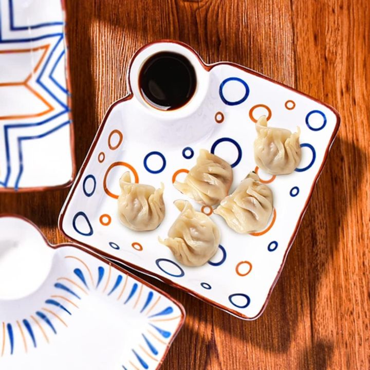 Ceramic Dumpling Plate with Side Sauce Portion – Square Sushi Plate with Dipping Saucer | White Serving Plate