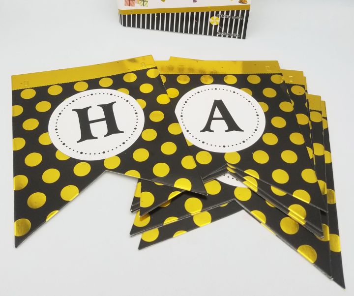 BLACK GOLDEN POLKA DOT HAPPY BIRTHDAY WORD BANNER WITH RIBBON LACE