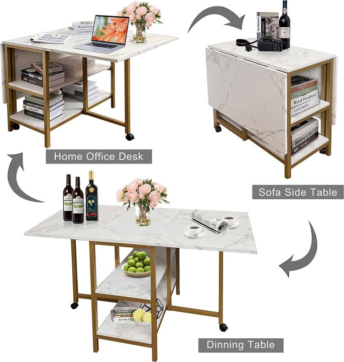 Folding Dining Table with 2 Storage Open Shelf,Drop Leaf Extension Dining Table,Top Folding Kitchen Table, Side Table , Writing Table