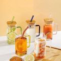 380ML Glass Cup with Wooden Lid and Straw-Clear Tall Coffee Mugs with Handle for Iced Coffee, Tea, Beverages-Aesthetic Cups. 
