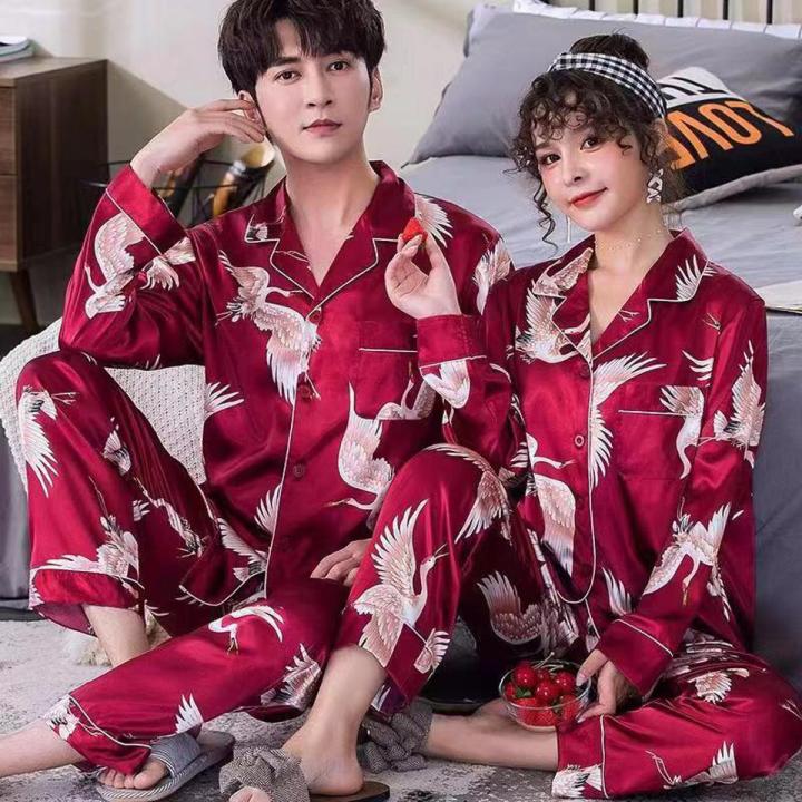 Pack of 2 Couple Night Suit Set, Men and Women Silk Night Dress / Printed Trouser Shirt Soft Material Nighty Set for Both Women and Men - Silky Satin Pajama Sets Button Down Sleepwear Loungewear.(It come in different colors and design, so we may send any)