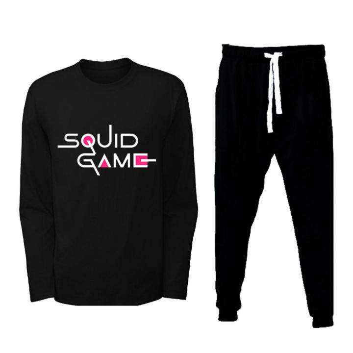 Black Squid Game Printed Full Sleeves T shirt And Trouser Casual Cotton Sports Wear Plain Trousers Summer Arrival For Men